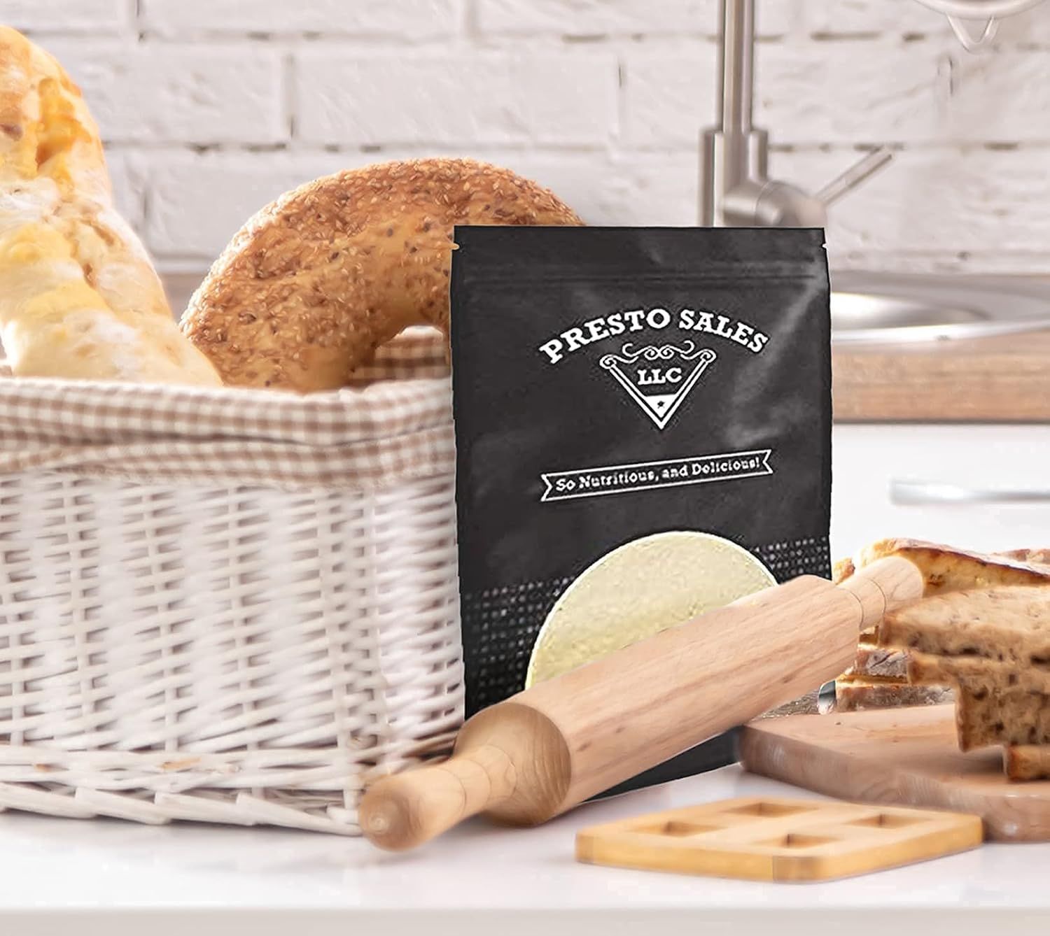 Showcases the product in an authentic kitchen environment with baking elements to help shoppers visualize the product in their own home and understand its use…