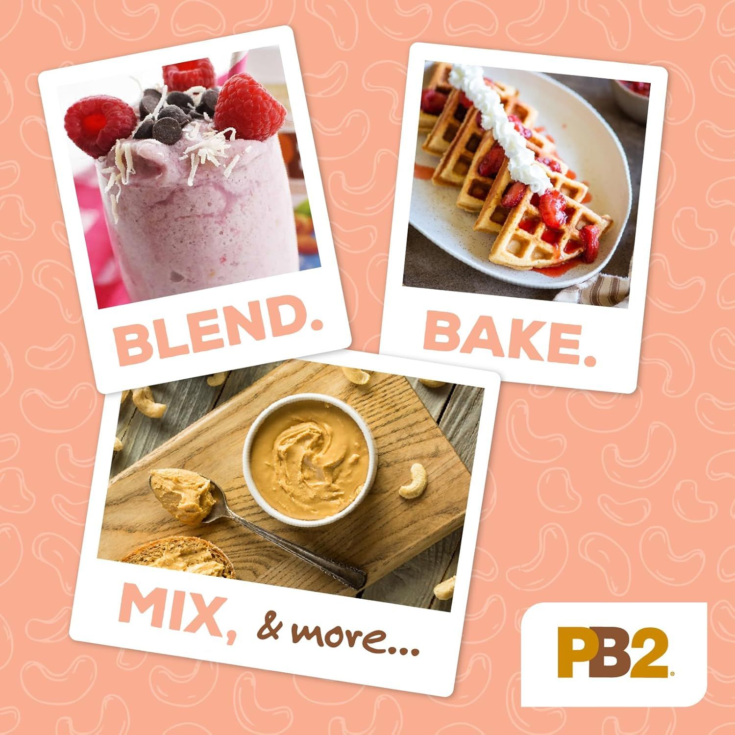 Demonstrates the versatility of the product (likely peanut butter or nut butter) by showing multiple culinary applications—smoothies, baking, and mixing—to communicate that it's a multi-purpose…