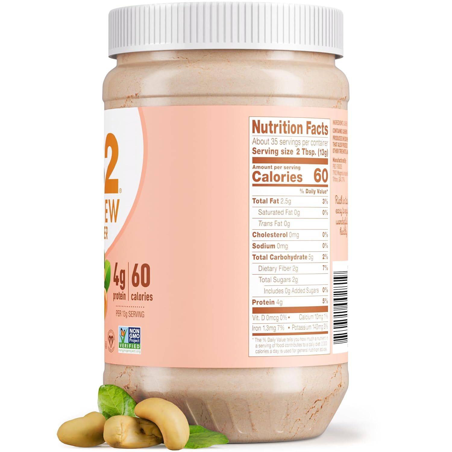 Displays the product jar with visible nutrition facts panel to inform shoppers of nutritional content and serving information.