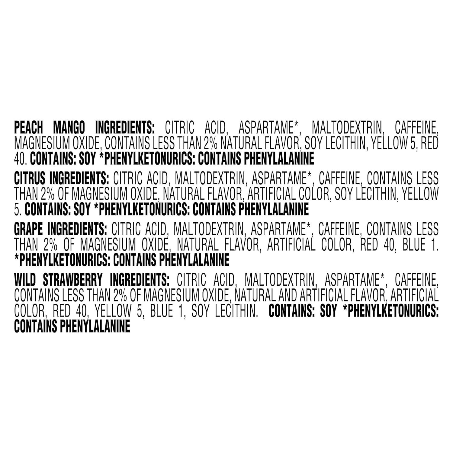 Displays the ingredient lists for multiple flavor variants of the same product line, helping shoppers understand the different options available and compare…