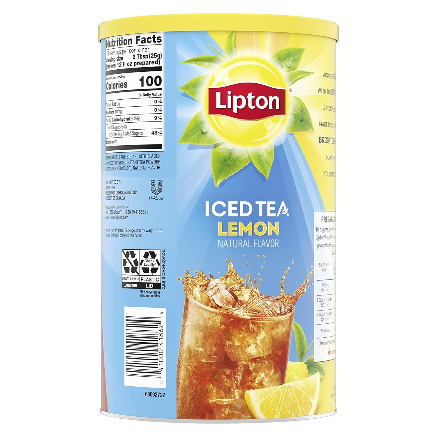 Provides a clean, catalog-style view of the Lipton Iced Tea Lemon canister showing the product packaging, branding, nutrition facts, and flavor clearly for…