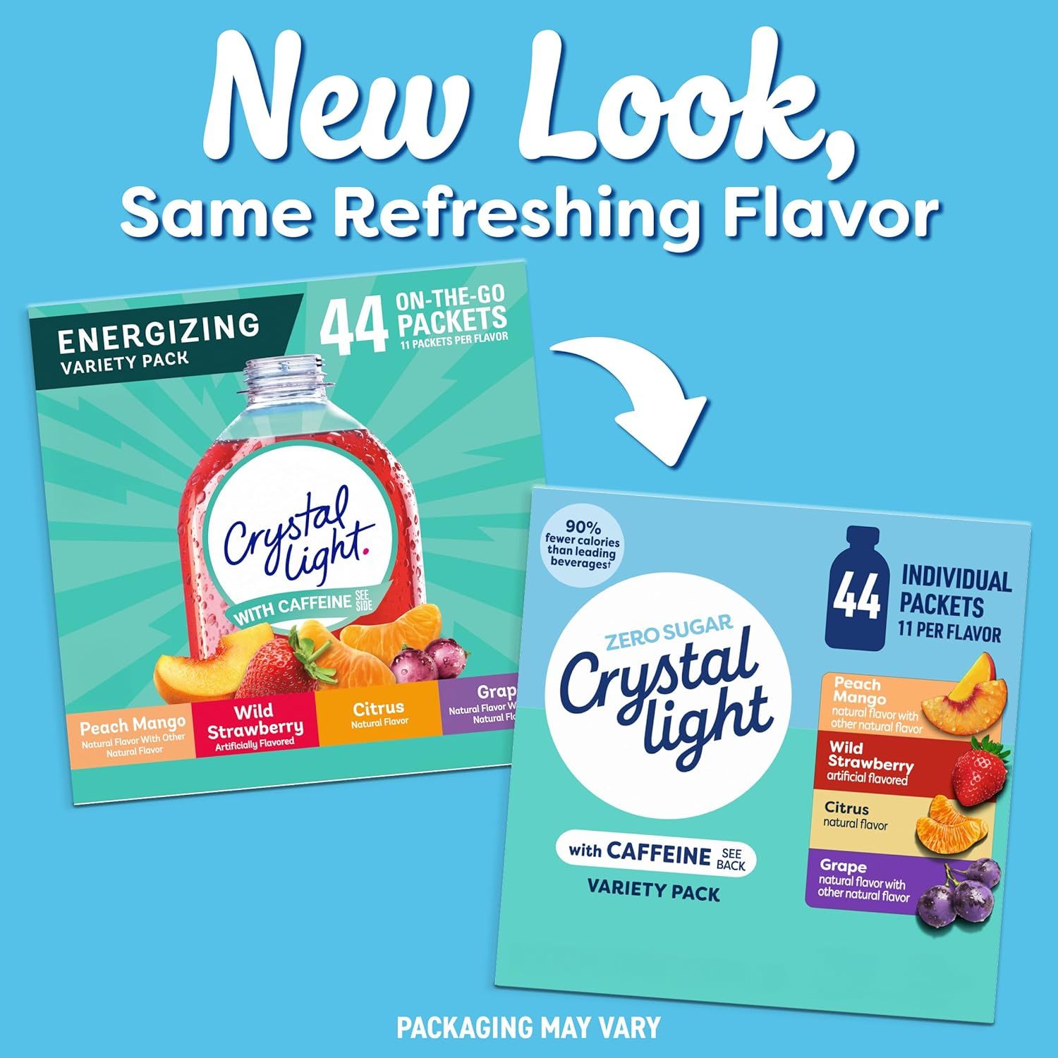 Communicates a packaging redesign to shoppers while reassuring them that the product formula and flavor remain unchanged. Shows the variety pack options…