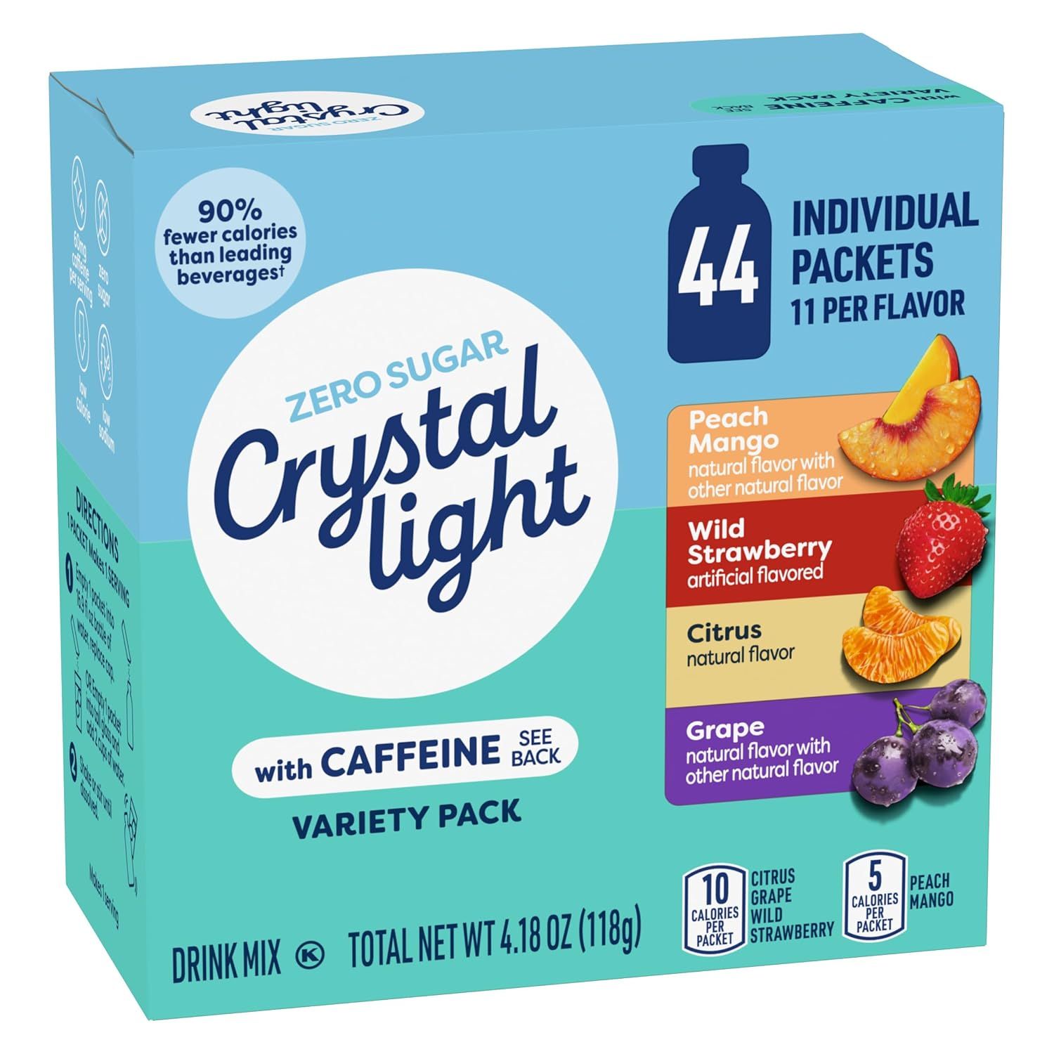 Shows the customer exactly what they receive in the variety pack: 44 individual packets with 11 of each of the 4 flavors (Peach Mango, Wild Strawberry,…