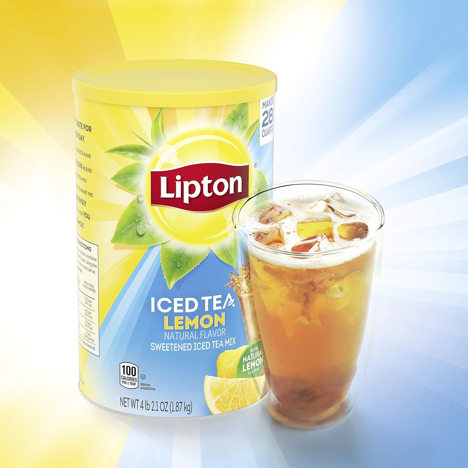 Showcases the product in a real-world context with a prepared glass of iced tea to help shoppers visualize the end result and appeal of the product.