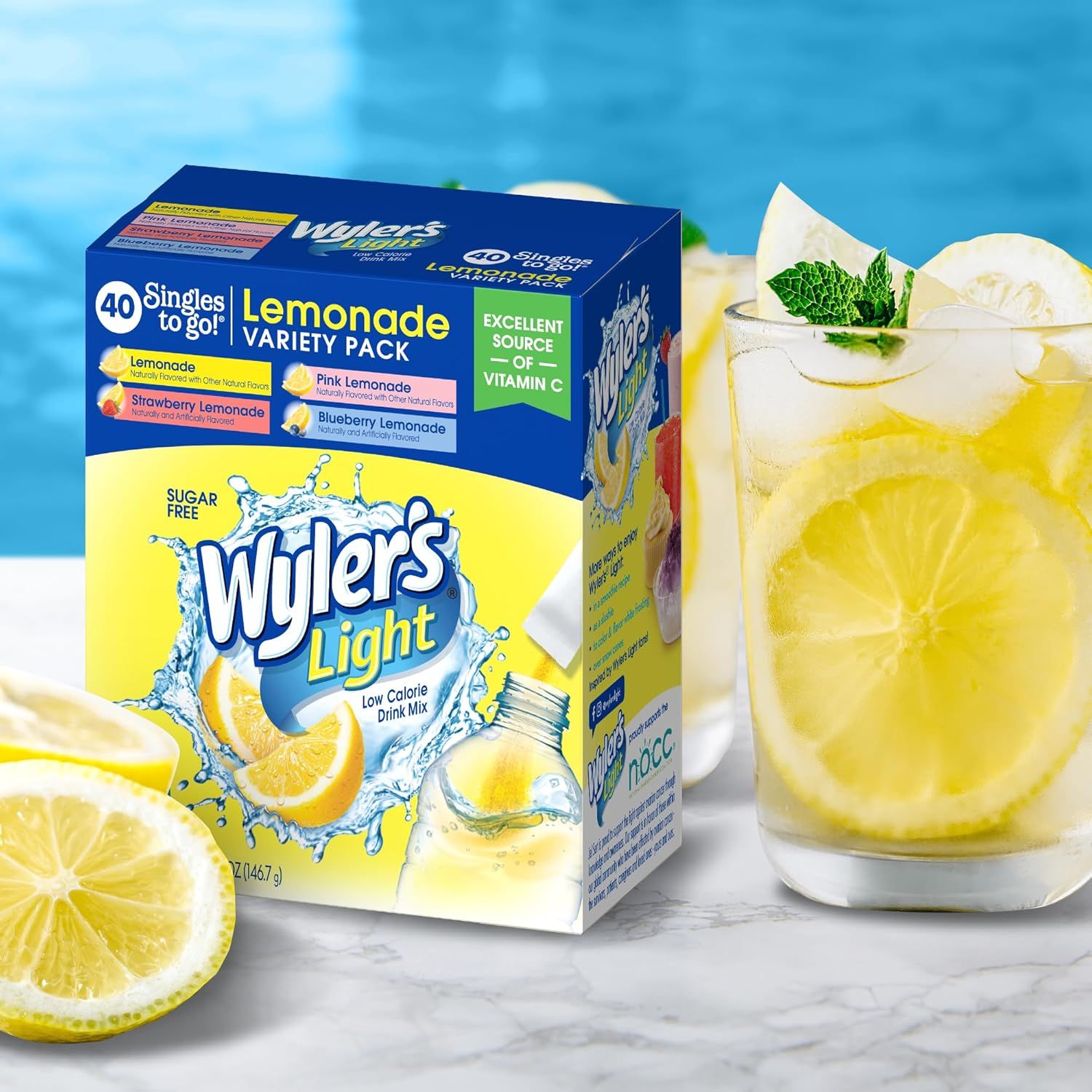 Showcases the product in a real-world lifestyle setting with a prepared lemonade drink to help shoppers visualize the end result and appeal of the product in…