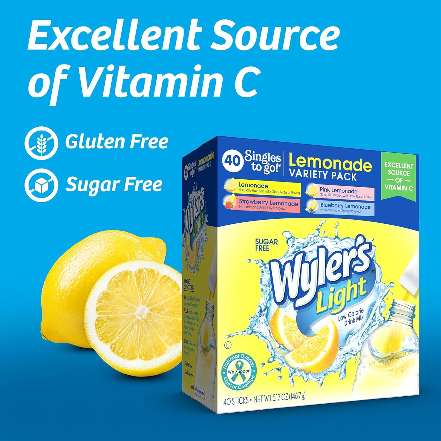 Communicates multiple key benefits of the product including its nutritional value (Vitamin C), dietary accommodations (gluten-free, sugar-free), and variety pack convenience to appeal to…