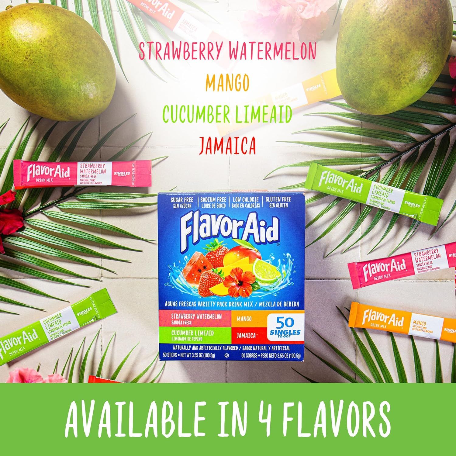 Showcases the brand's product variety by displaying all four available flavors (Strawberry Watermelon, Mango, Cucumber Limeaid, Jamaica) to help shoppers…