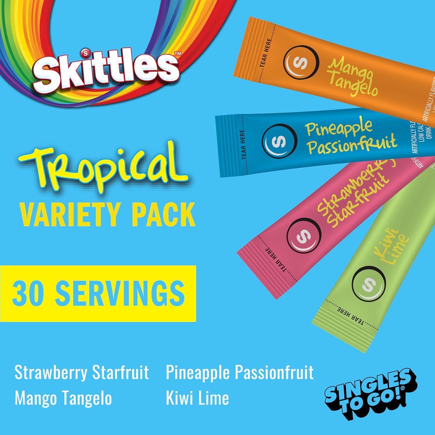 Showcases the brand's tropical variety pack lineup with four different flavor options (Mango Tangelo, Pineapple Passionfruit, Strawberry Starfruit, Kiwi Lime)…