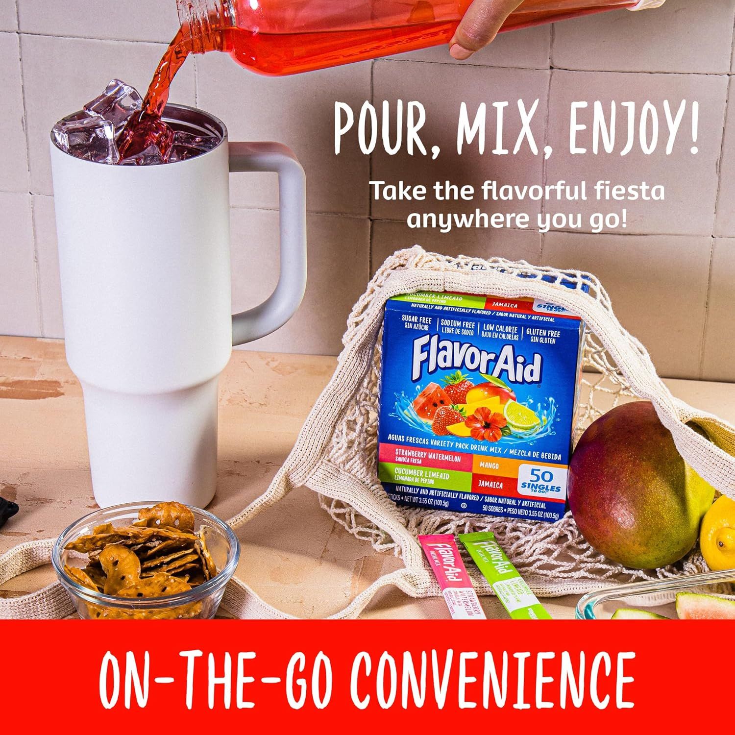 Communicates that the product is portable and convenient for taking anywhere, allowing shoppers to enjoy flavorful drinks on the go.