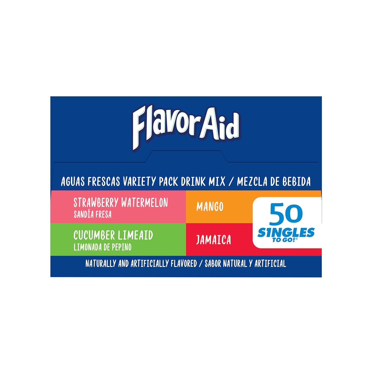 Showcases the FlavorAid brand and its variety pack offering with multiple flavor options (Strawberry Watermelon, Mango, Cucumber Limeaid, Jamaica) to help…