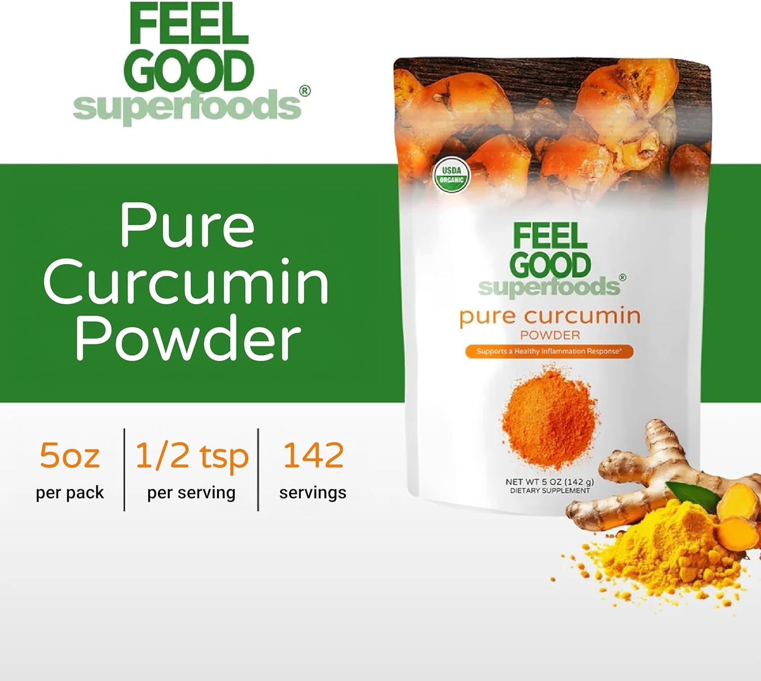 Communicates the primary health benefit of the curcumin powder while providing key product information like serving size and quantity to help shoppers…