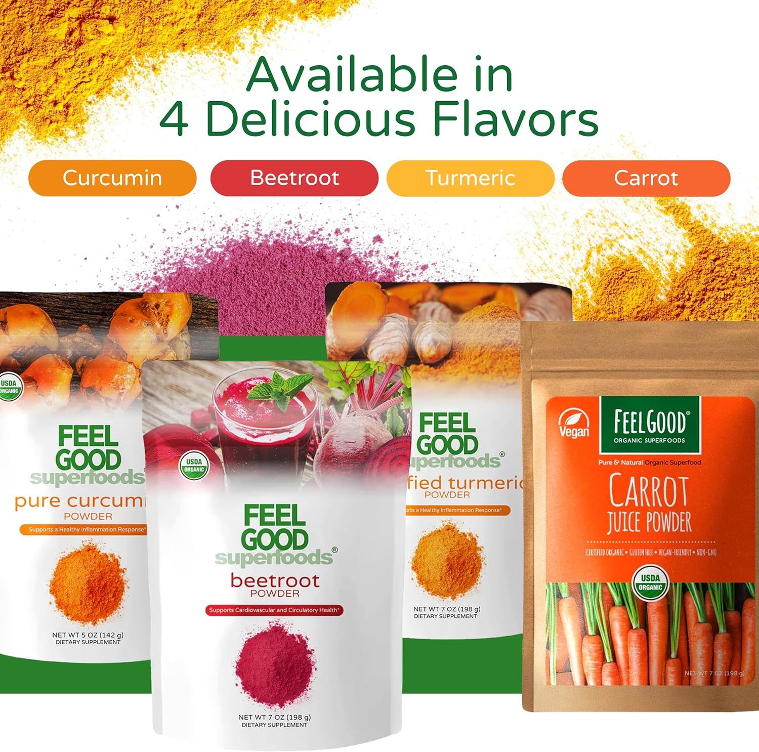 Showcases the brand's product portfolio by displaying all four available flavor options (Curcumin, Beetroot, Turmeric, Carrot) to help shoppers understand the…