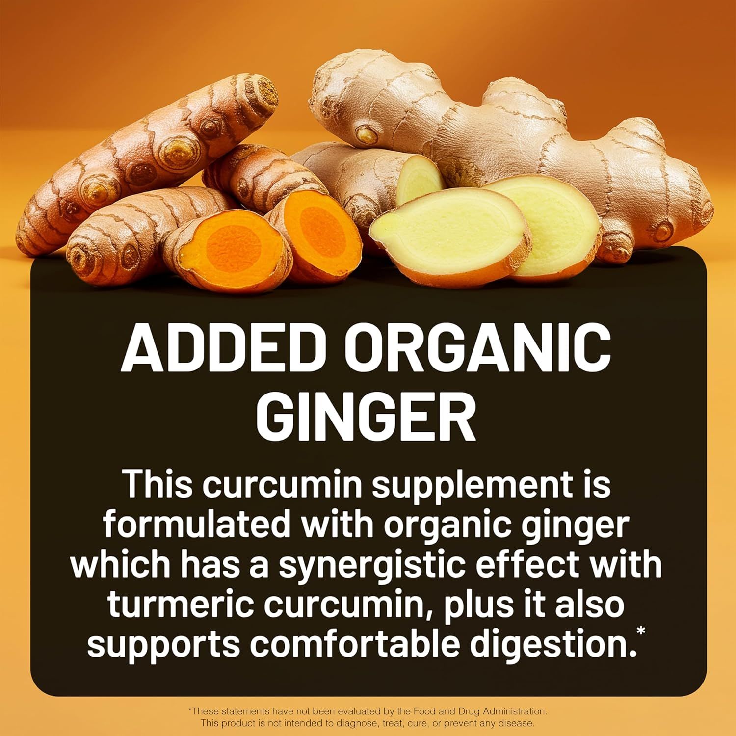Highlights the inclusion of organic ginger as a key ingredient that works synergistically with turmeric and supports comfortable digestion, reassuring…