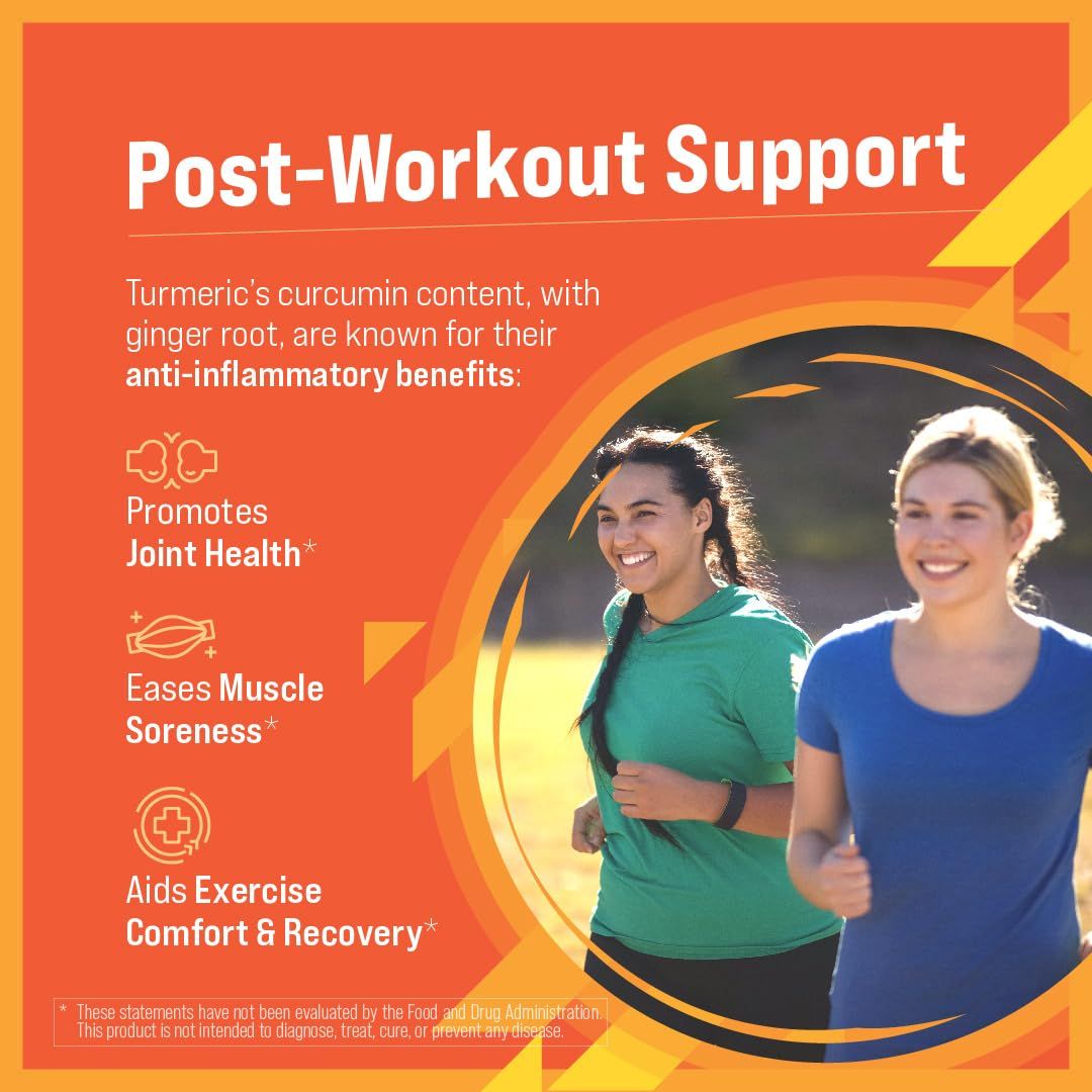 Communicates multiple anti-inflammatory benefits of turmeric and ginger root for post-workout recovery, including joint health support, muscle soreness relief, and exercise comfort.
