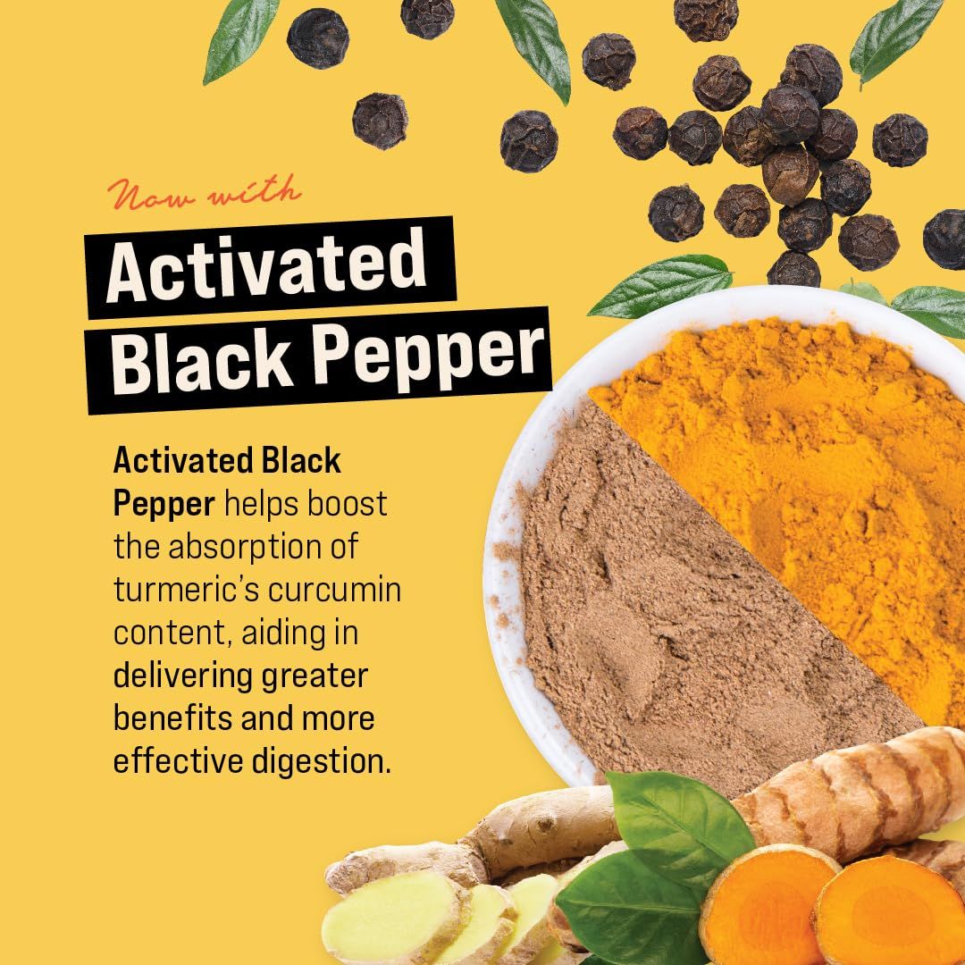 Communicates that the product contains activated black pepper to boost curcumin absorption from turmeric, delivering greater health benefits and more…