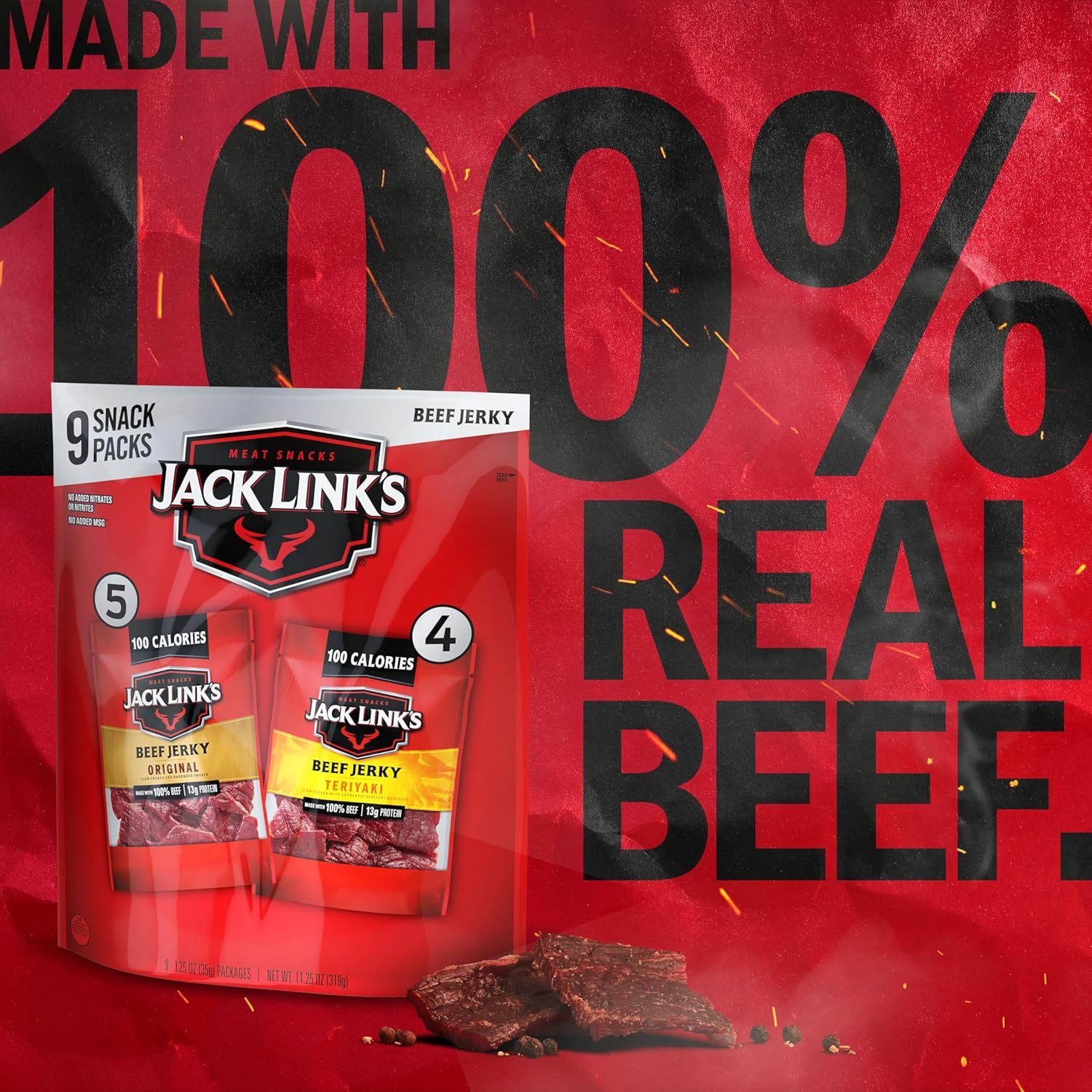 Emphasizes the product's quality by highlighting that it is made with 100% real beef, reassuring shoppers about ingredient authenticity and premium quality. Communicates the core benefit of…