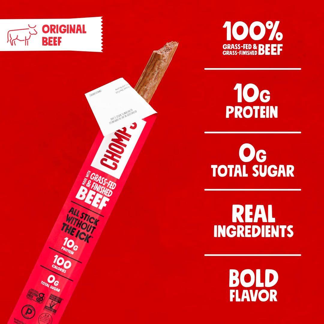 Communicates multiple key nutritional benefits and quality attributes in a segmented vertical layout to show why this beef stick is a superior snack choice.