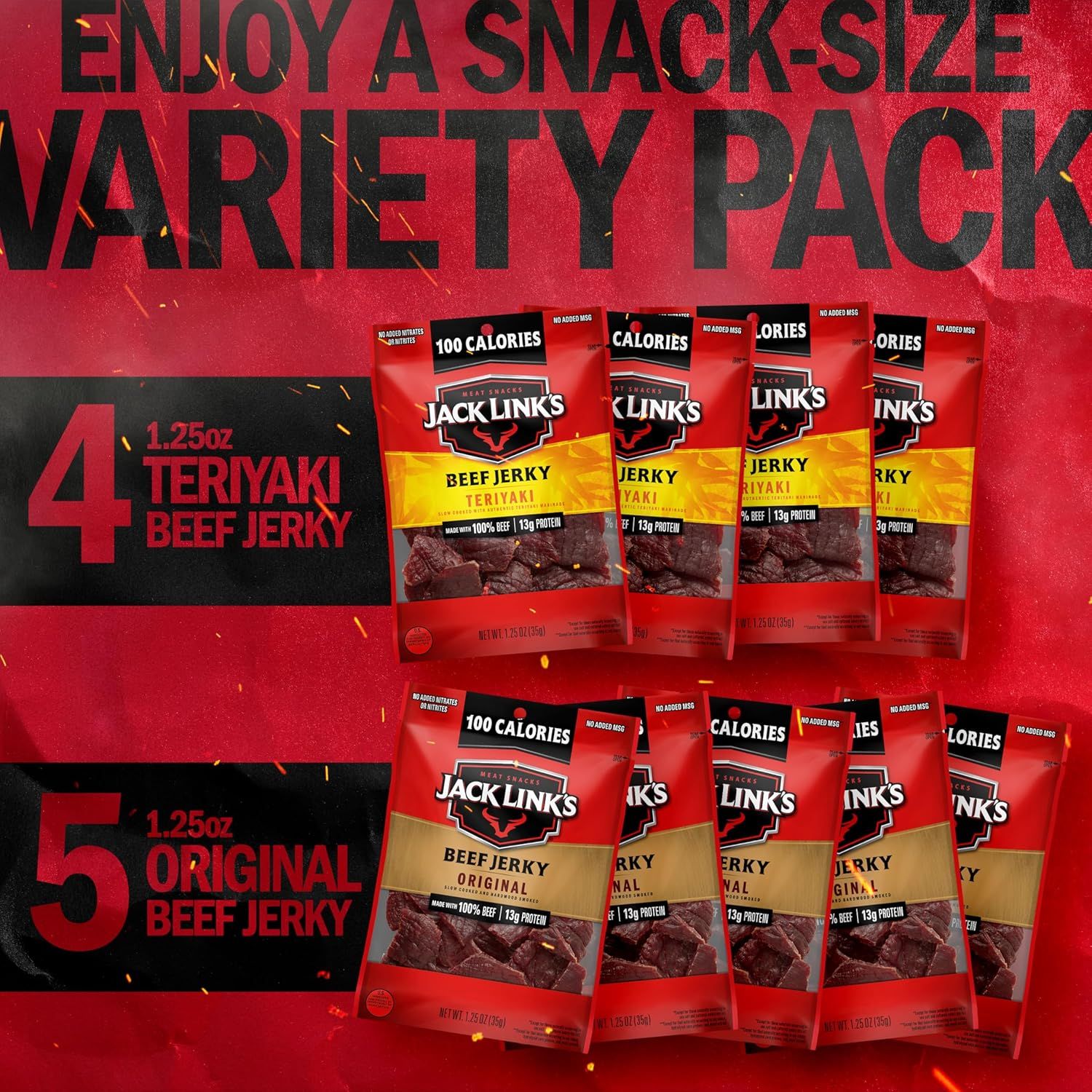 Shows shoppers exactly what they receive in the variety pack: 4 Teriyaki and 5 Original beef jerky pouches, helping them understand the bundle composition and…