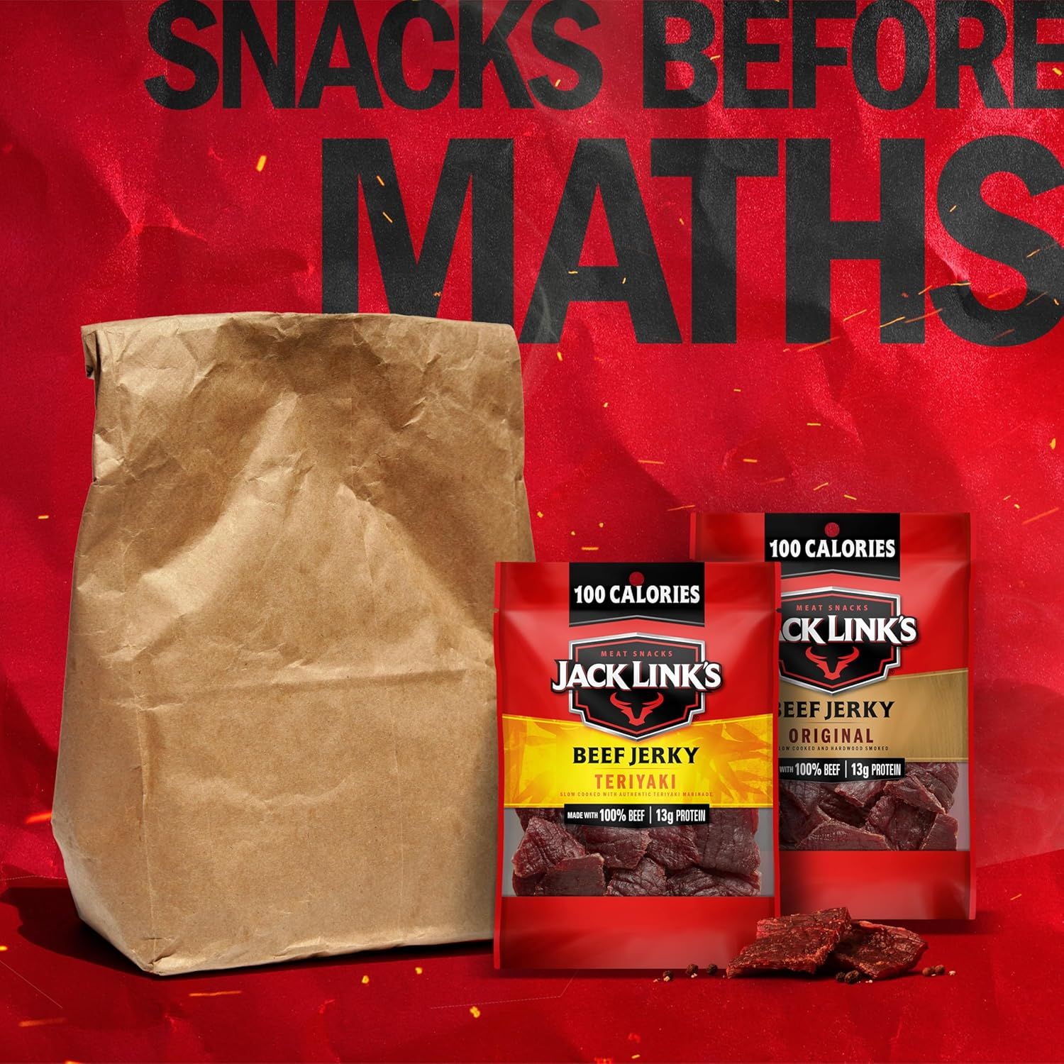 Communicates that Jack Link's beef jerky is a smart, guilt-free snack choice before math class or any activity, emphasizing the 100-calorie portion and high…