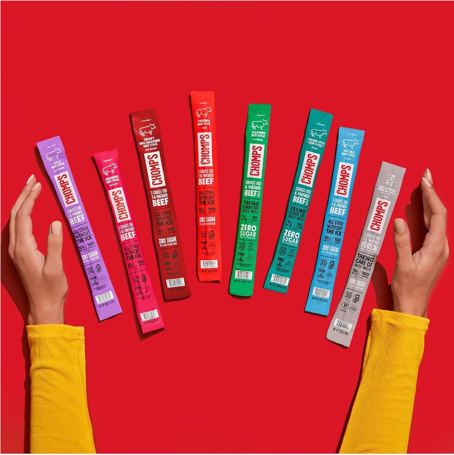 Displays the full range of CHOMPS beef stick flavors and variants available, helping shoppers understand the brand's product lineup and choose their preferred…