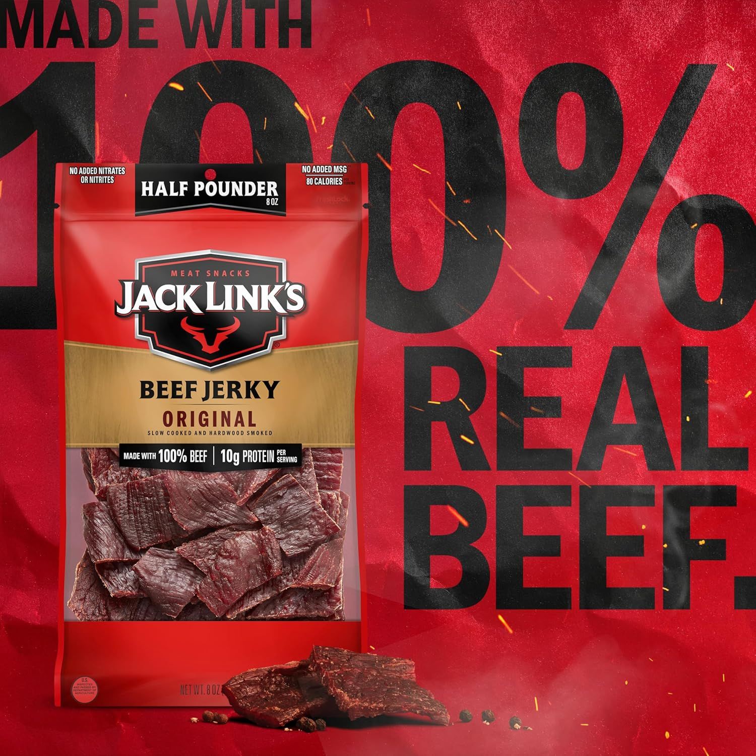 Emphasizes the product's quality ingredient composition (100% real beef) and high protein content to communicate nutritional value and authenticity to health-conscious shoppers. Reinforces the core…