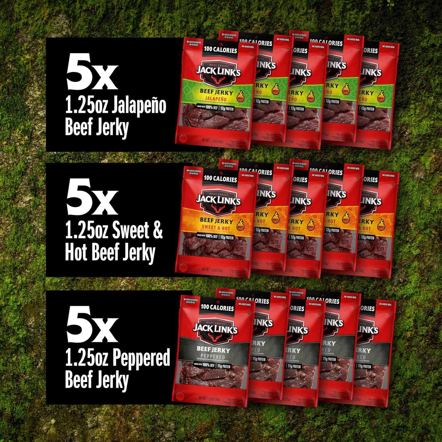 Shows the customer exactly what they receive in the bundle: 5 packs each of three different beef jerky flavors (Jalapeño, Sweet & Hot, and Peppered), helping…
