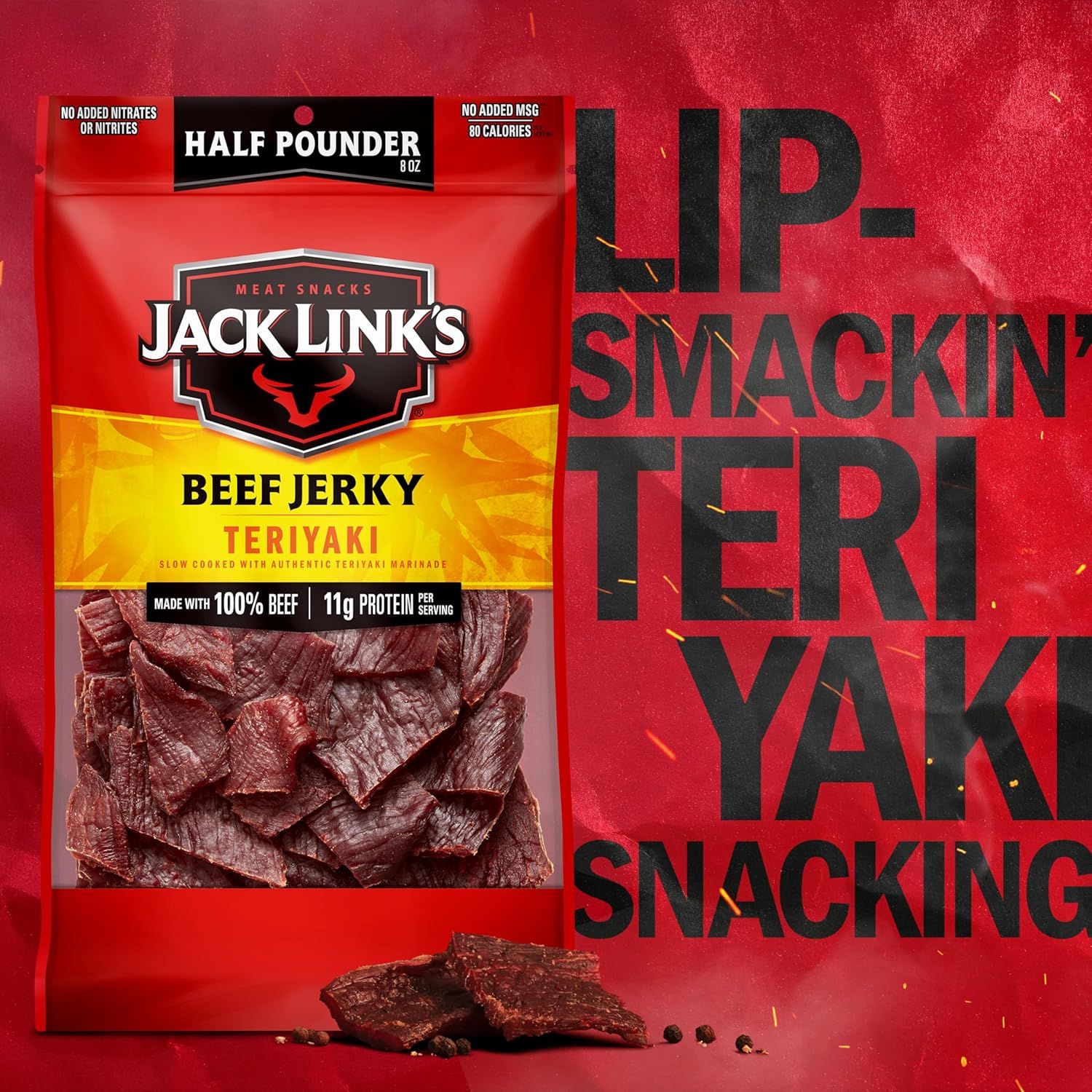 Showcases the Teriyaki flavor variant of Jack Link's beef jerky with bold branding and appetite appeal to attract shoppers looking for this specific flavor…