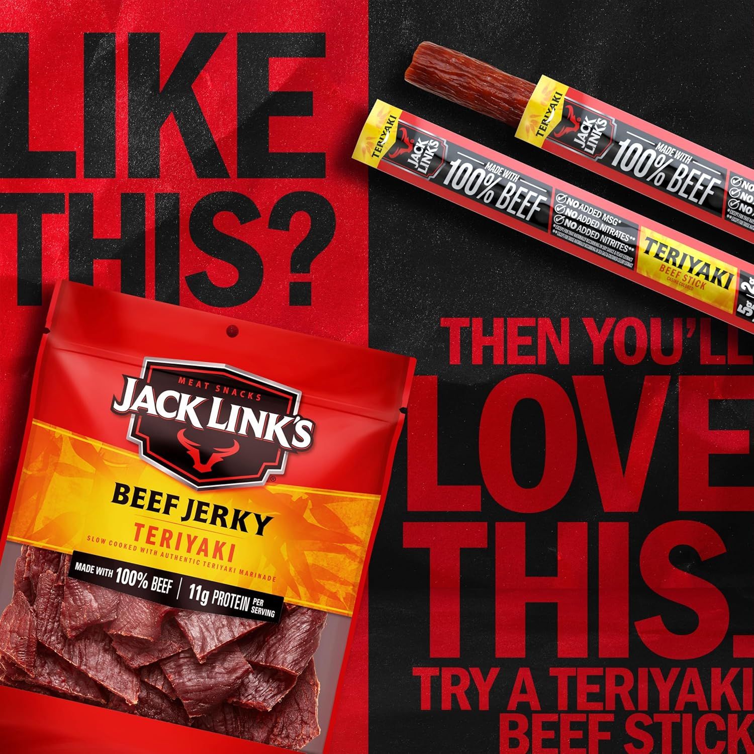 Showcases the Jack Link's brand and its teriyaki beef jerky product line (both bag and stick formats) to help shoppers understand the brand's offerings and…