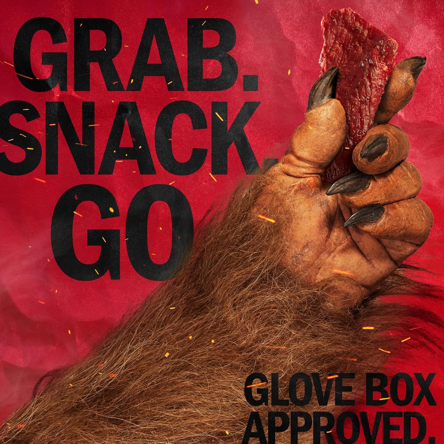 Communicates that this meat snack product is portable, convenient, and perfect for on-the-go snacking, with a humorous 'glove box approved' claim to emphasize…