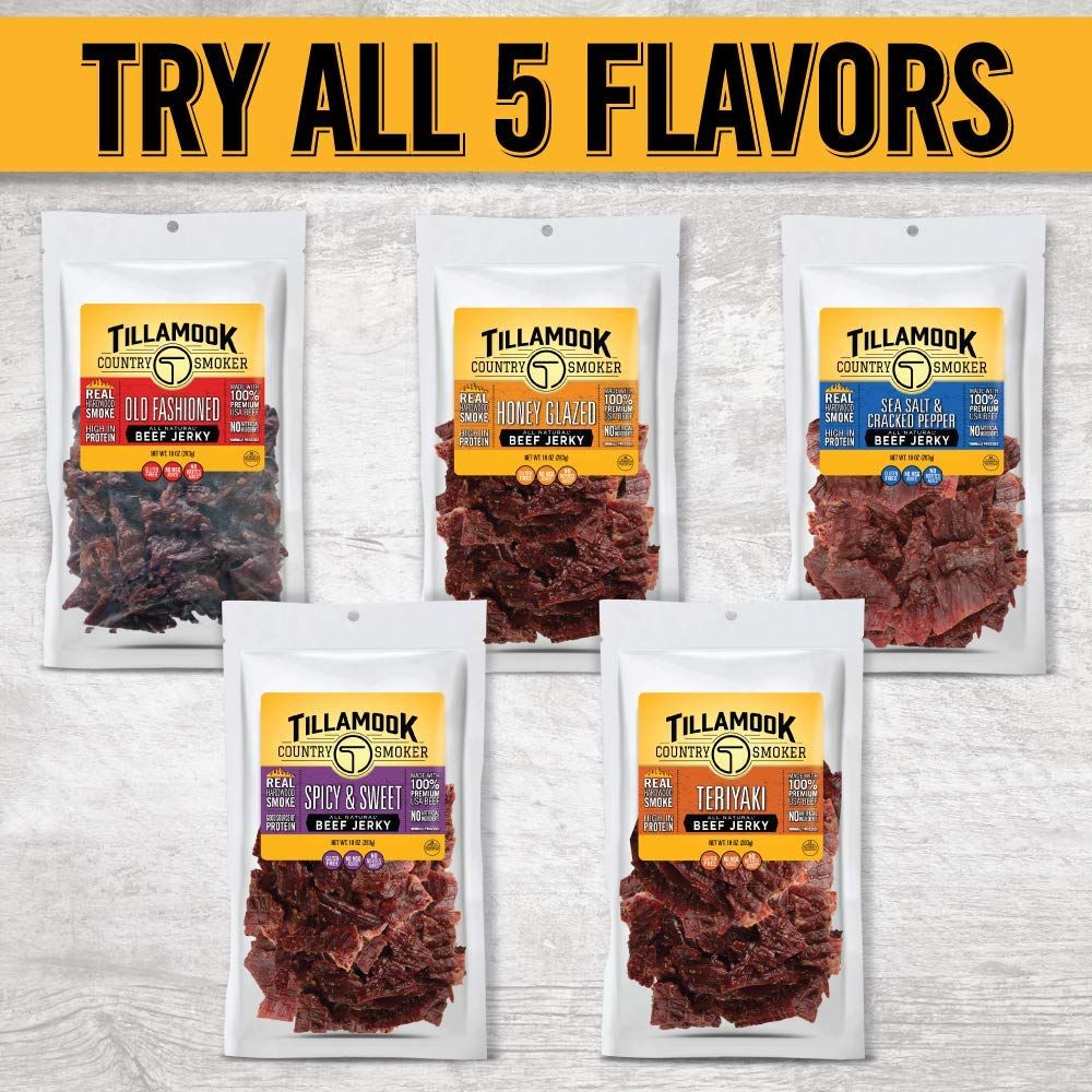 Showcases the brand's complete beef jerky product line with all five available flavors, encouraging shoppers to explore the full variety and try multiple…