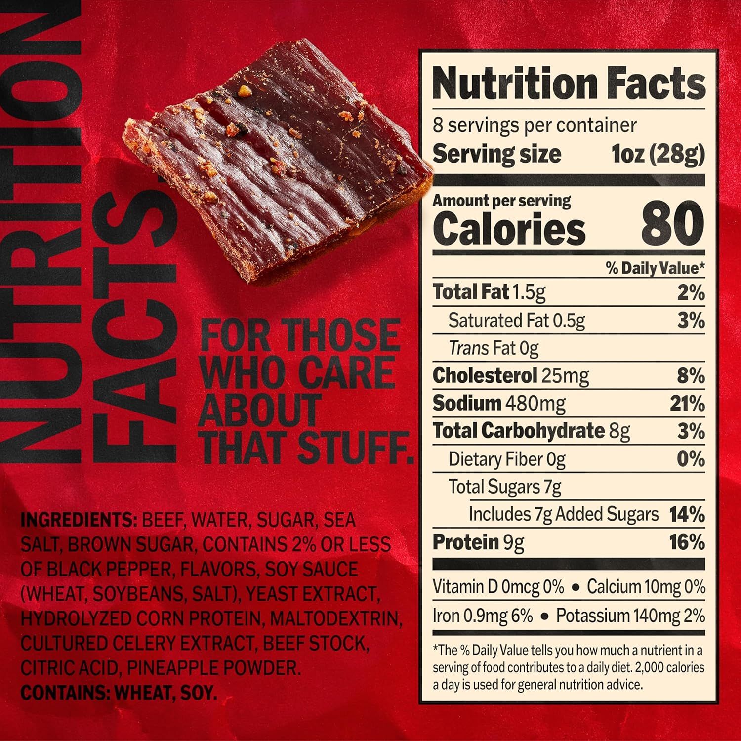 Provides comprehensive nutritional information and ingredient transparency to help health-conscious shoppers make informed purchasing decisions about this beef jerky product.