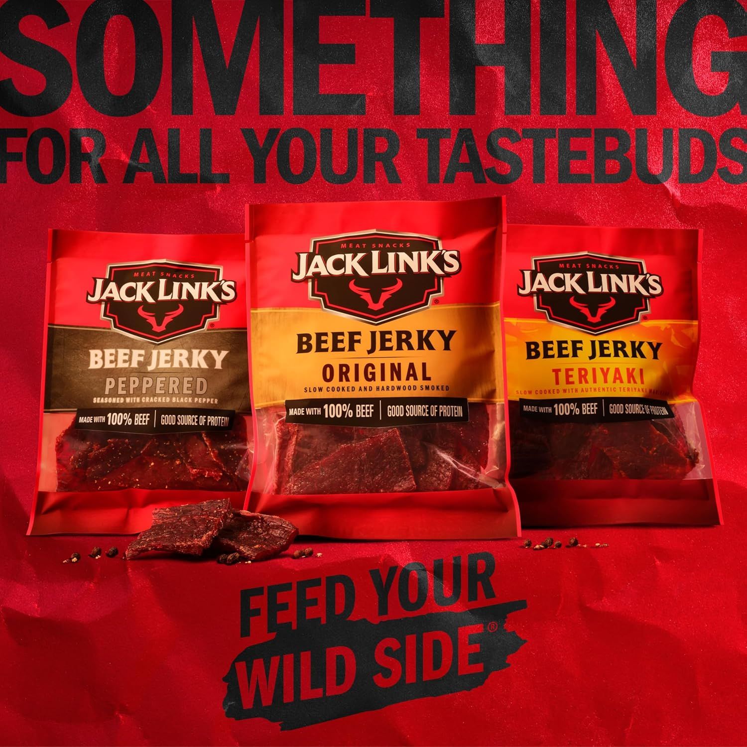 Showcases the Jack Link's brand and its product lineup, highlighting multiple flavor options (Peppered, Original, Teriyaki) to help shoppers understand the…