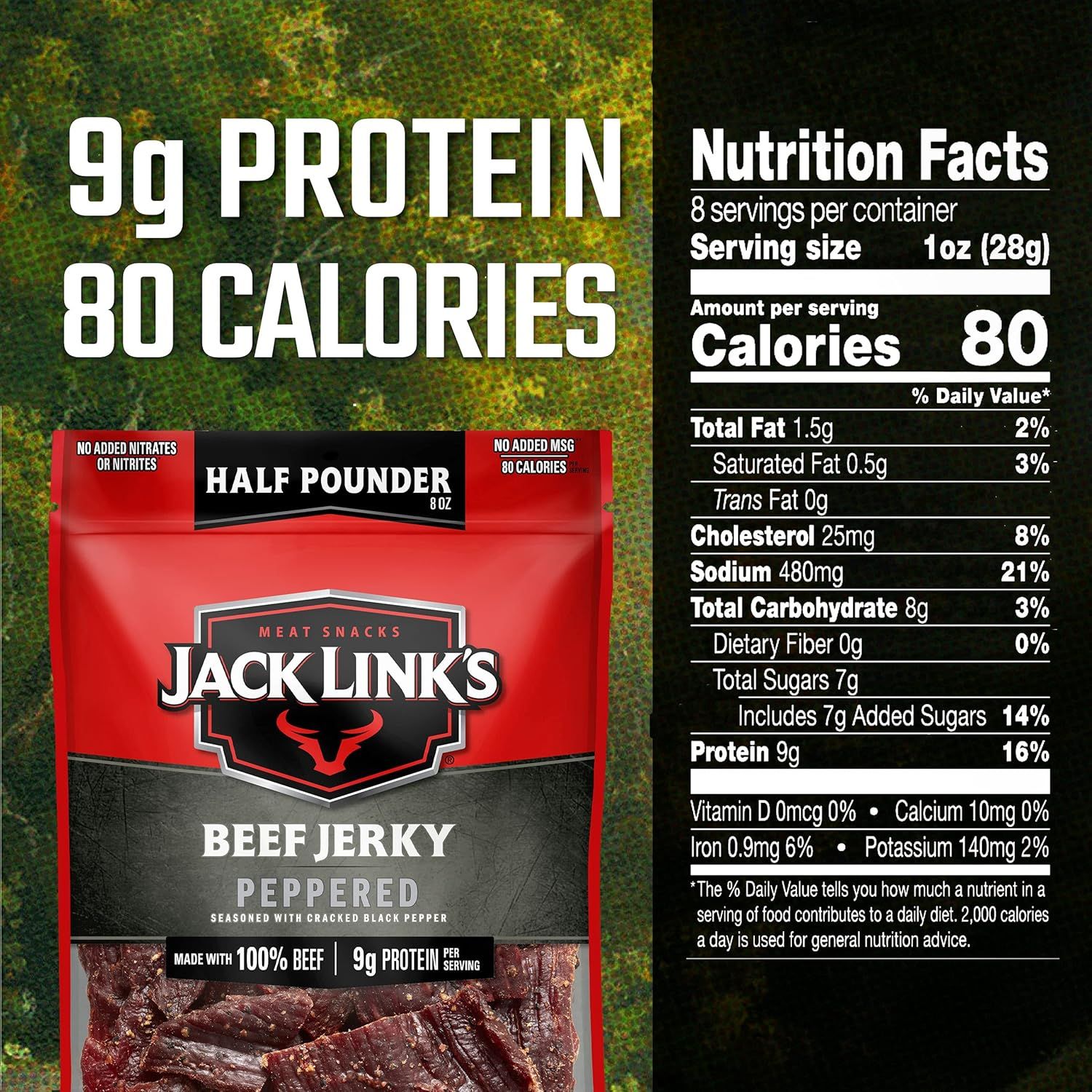 Highlights the product's high protein content and low calorie count to appeal to health-conscious and fitness-oriented shoppers looking for nutritious snack options. Communicates the core…