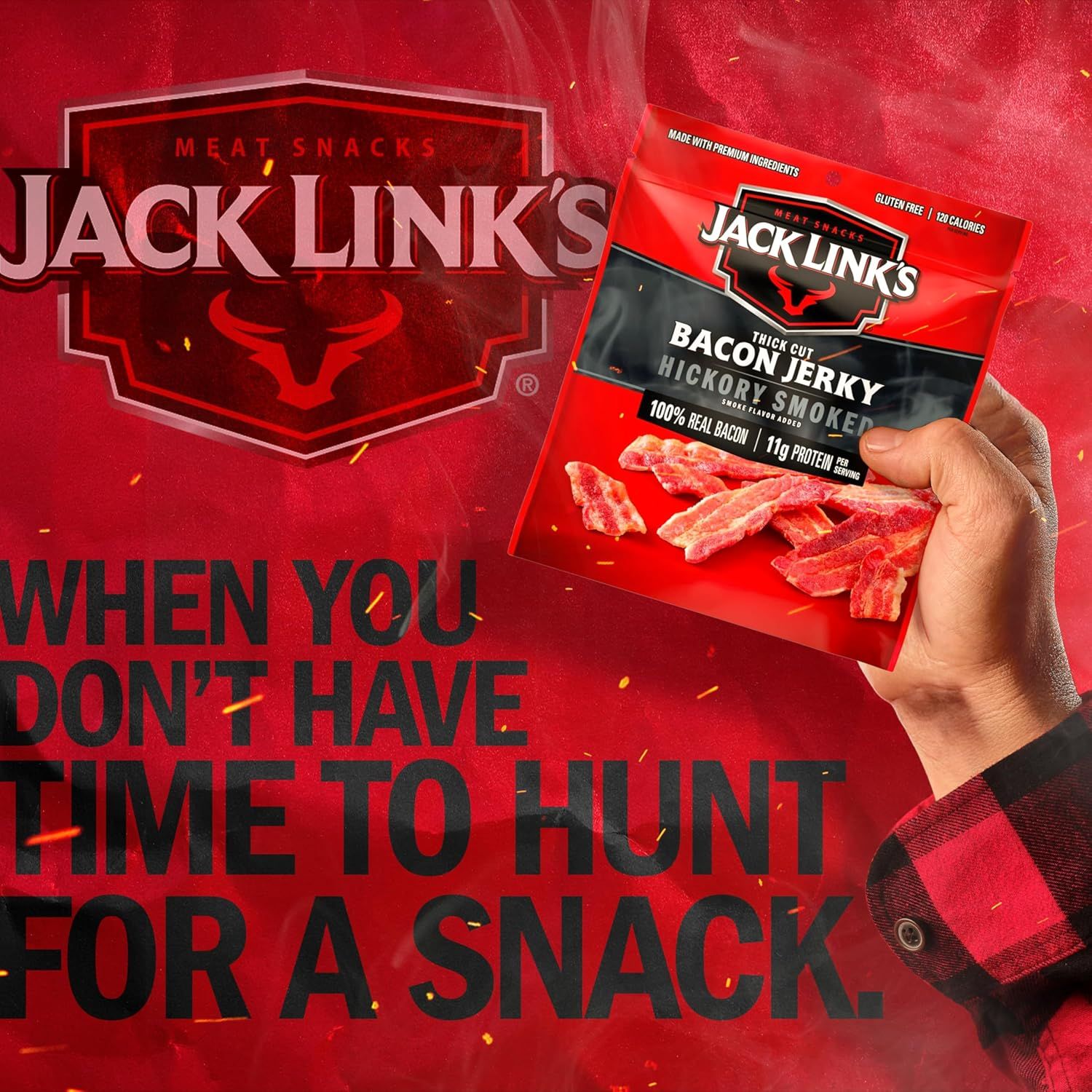 Reinforces the Jack Link's brand identity and communicates the convenience benefit of having a ready-to-eat protein snack when time is limited.