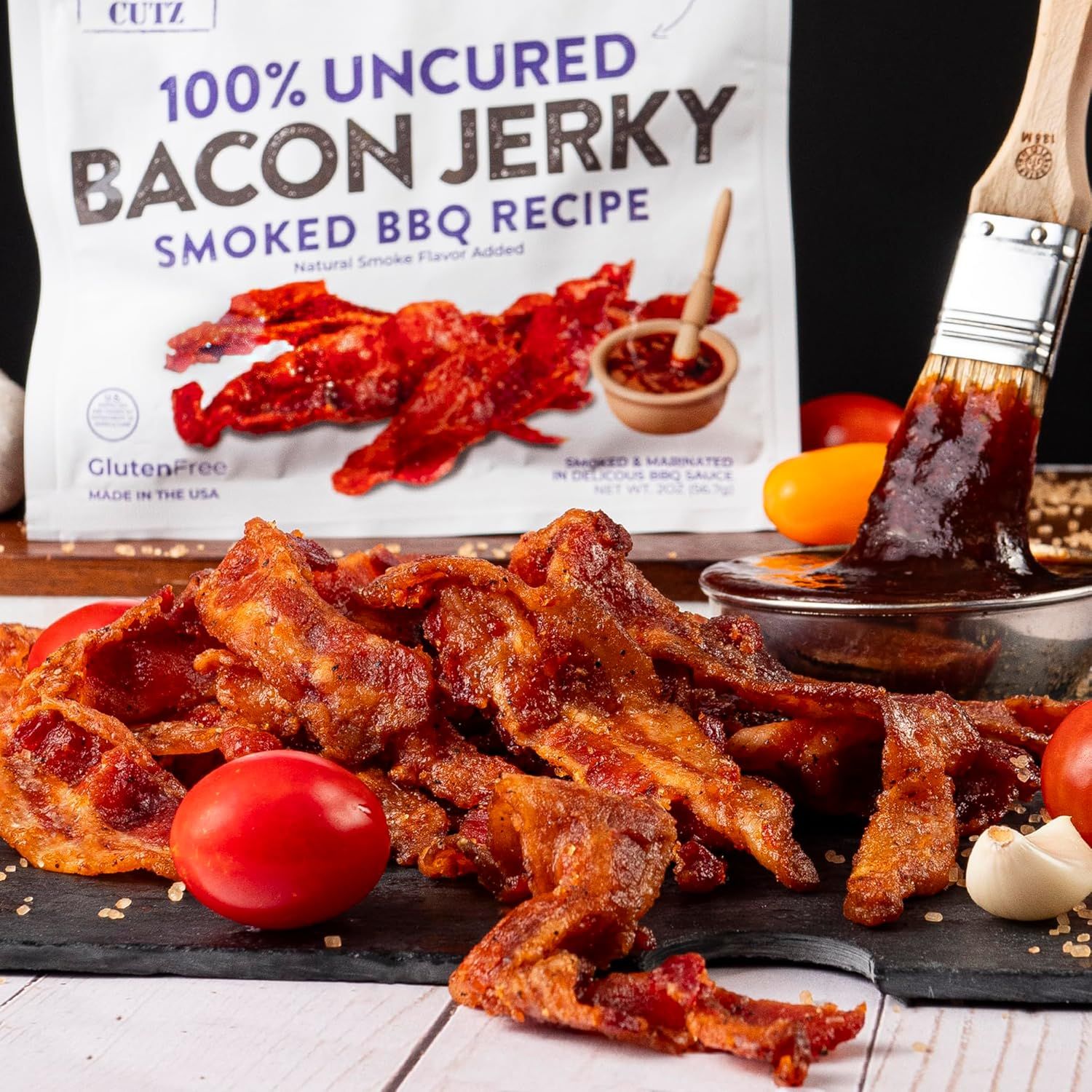 Showcases the bacon jerky in an appetizing, real-world culinary setting to help shoppers visualize the product's taste appeal and usage context.
