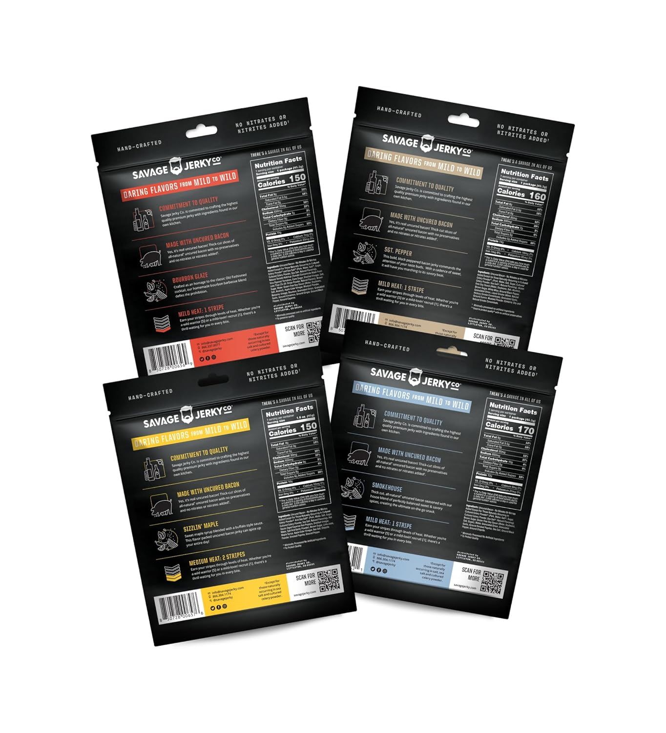 Displays the brand's product lineup showing multiple flavor variants of Savage Jerky Co. to help shoppers understand the range of options available and choose…