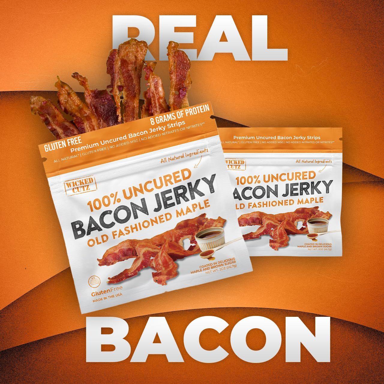 Showcases the brand's bacon jerky product line with two flavor variants side-by-side, emphasizing the 'REAL BACON' authenticity message to help shoppers understand the brand's product offerings and…