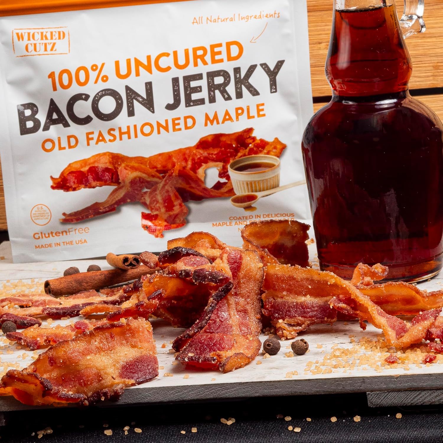 Communicates the product's natural, uncured quality and maple flavor to appeal to health-conscious shoppers seeking premium, clean-ingredient bacon jerky.