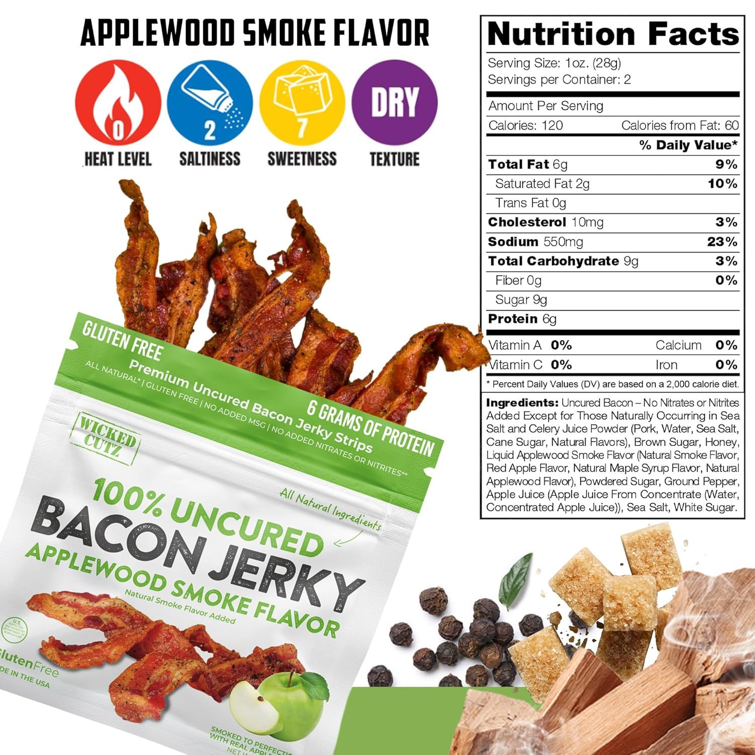 Communicates multiple product benefits including gluten-free, all-natural ingredients, uncured bacon with no added nitrates/nitrites, and high protein content to appeal to health-conscious shoppers.