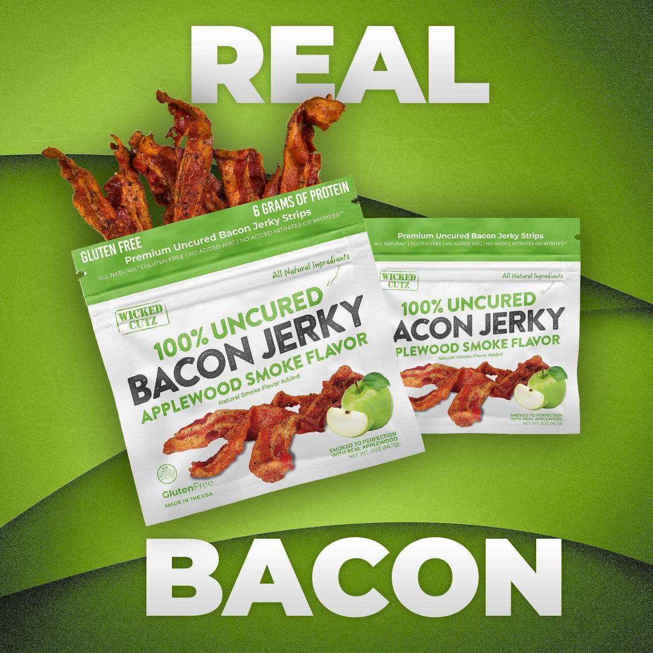 Showcases the brand's bacon jerky product line with two flavor variants (Applewood Smoke and Plewood Smoke) while emphasizing the 'REAL BACON' authenticity message to build brand trust and help…