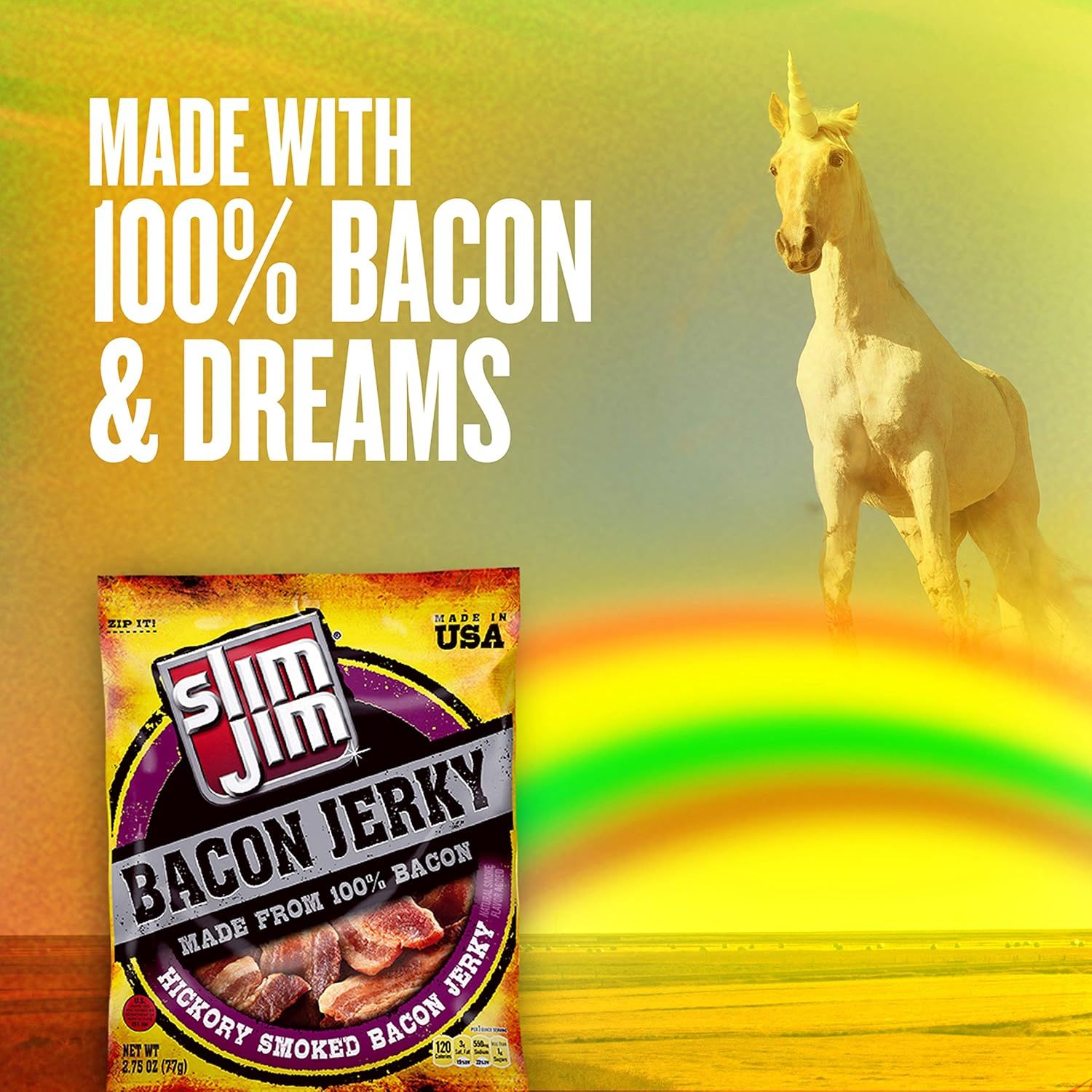 Communicates the product's key ingredient claim (100% bacon) and origin in a humorous, attention-grabbing way using whimsical imagery to create emotional…