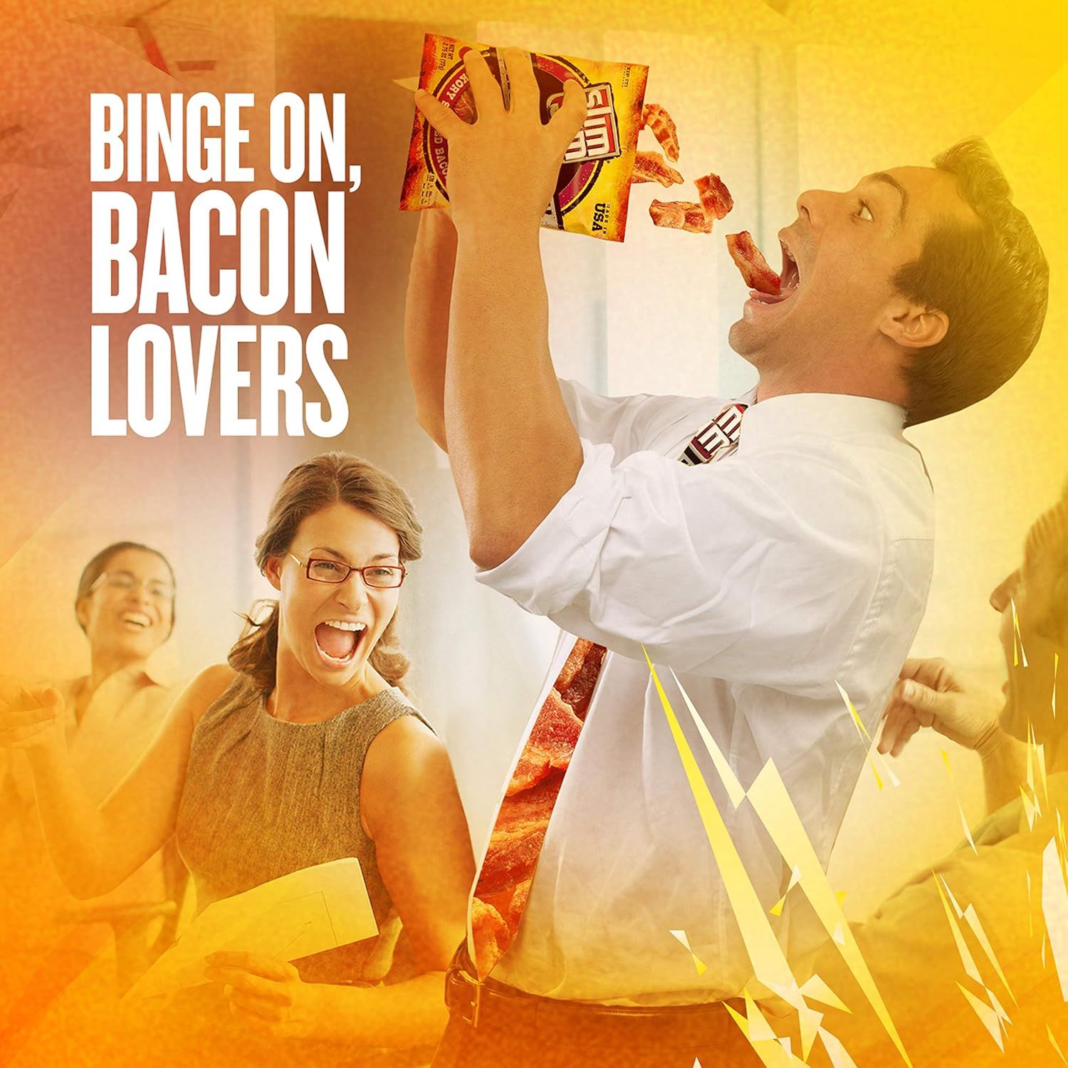 Creates an emotional connection by showing the product being enjoyed in a fun, celebratory social setting with excited people, positioning the bacon product…