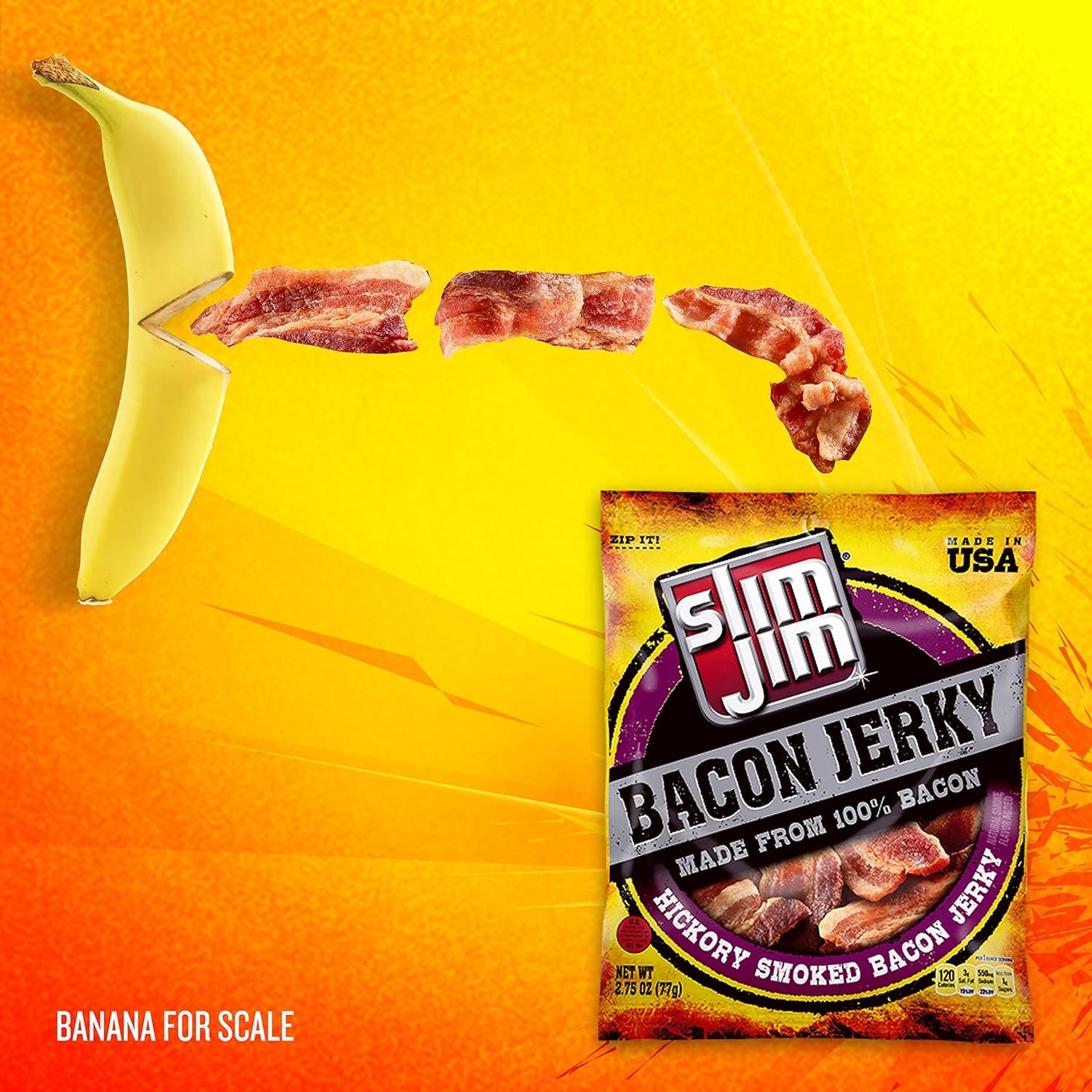 Demonstrates the actual size of the bacon jerky pieces by using a universally recognizable banana as a reference object, helping shoppers understand the…