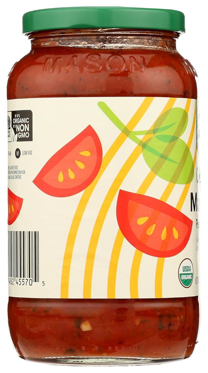 Provides a clean, catalog-style view of the pasta sauce jar to show the product packaging, branding, and visual design without distractions.