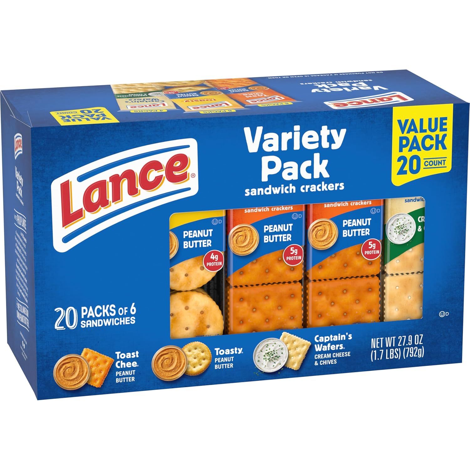 Displays the brand's variety pack lineup showing multiple flavor options (Peanut Butter, Toast Chee, Toasty, Captain's Wafers) to help shoppers understand the assortment included in this value pack.