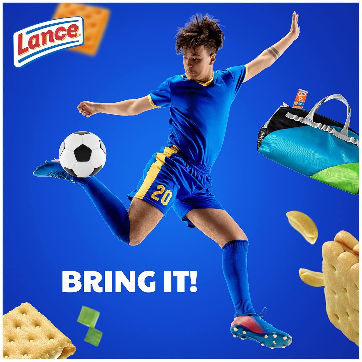 This image establishes Lance's brand identity and emotional connection by associating the snack brand with active youth lifestyle, sports, and energy. The 'BRING IT!' tagline reinforces the brand's…