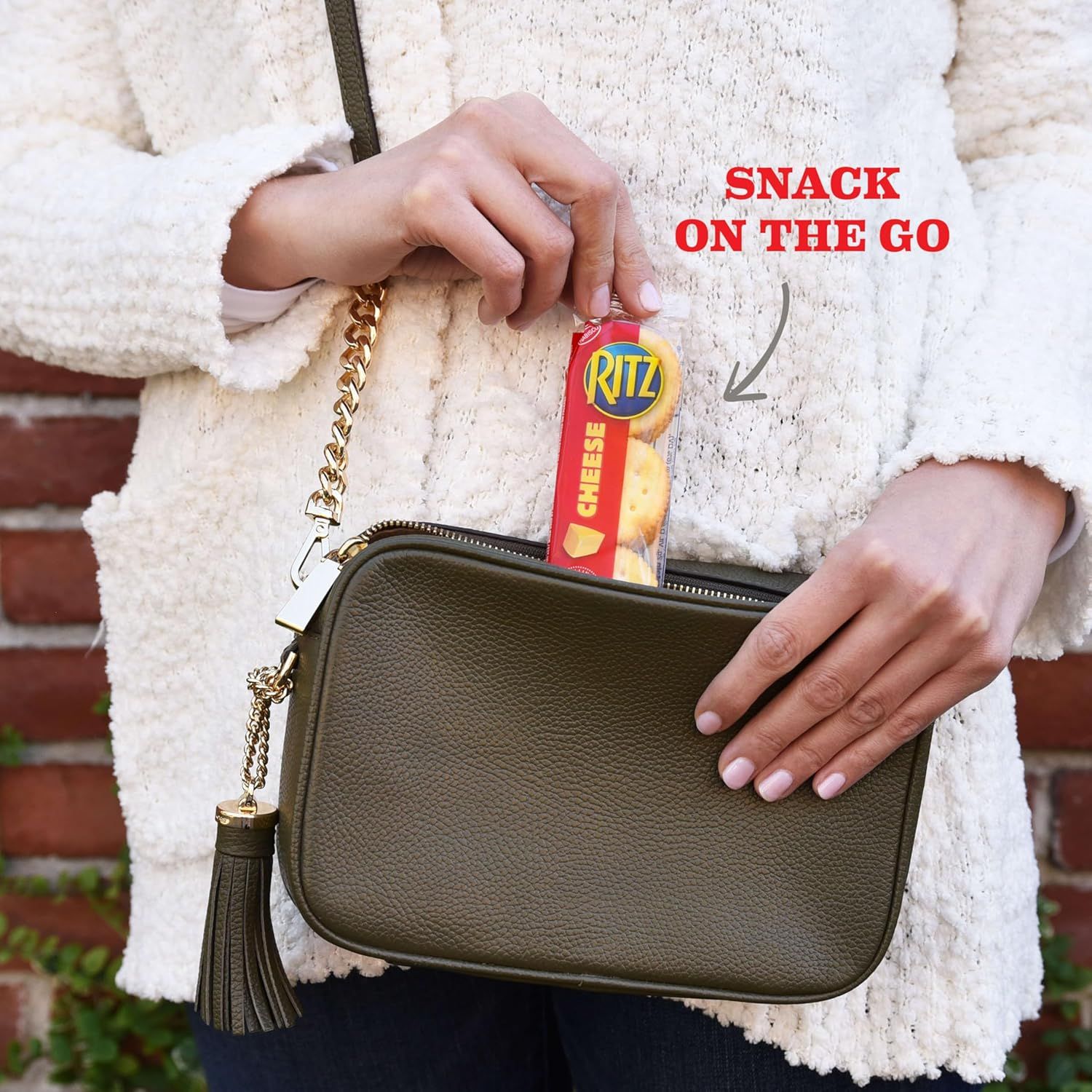 Demonstrates the product's portability and convenience for snacking while out and about, showing it fits easily in a purse or bag for busy lifestyles.
