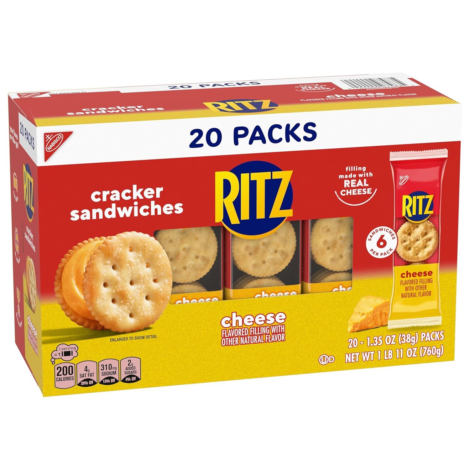 Shows the shopper exactly what they receive in the box: 20 individual packs of cracker sandwiches, helping them understand the quantity and packaging format for convenience and value assessment.