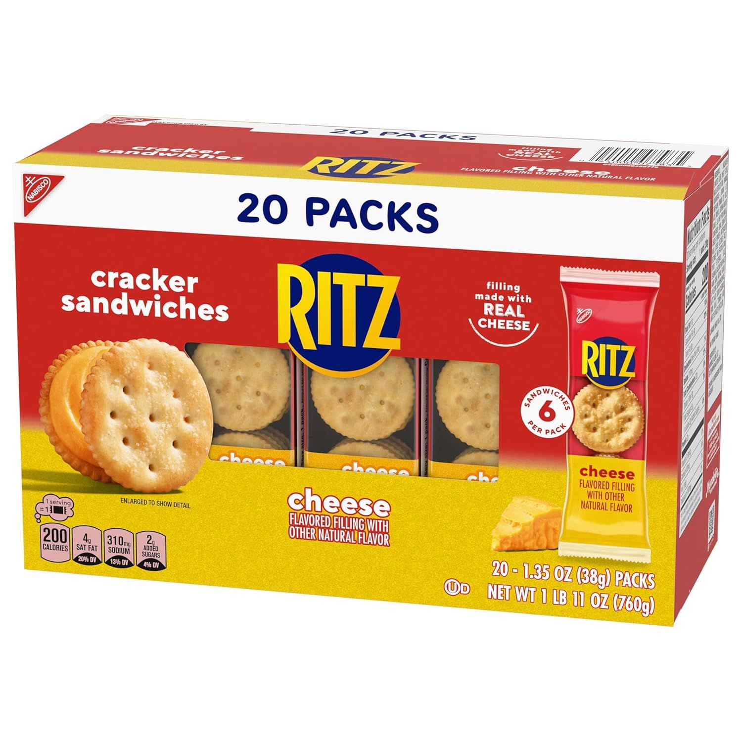 Shows the customer exactly what they receive in the box: 20 individual packs of cracker sandwiches, helping them understand the quantity and packaging format.