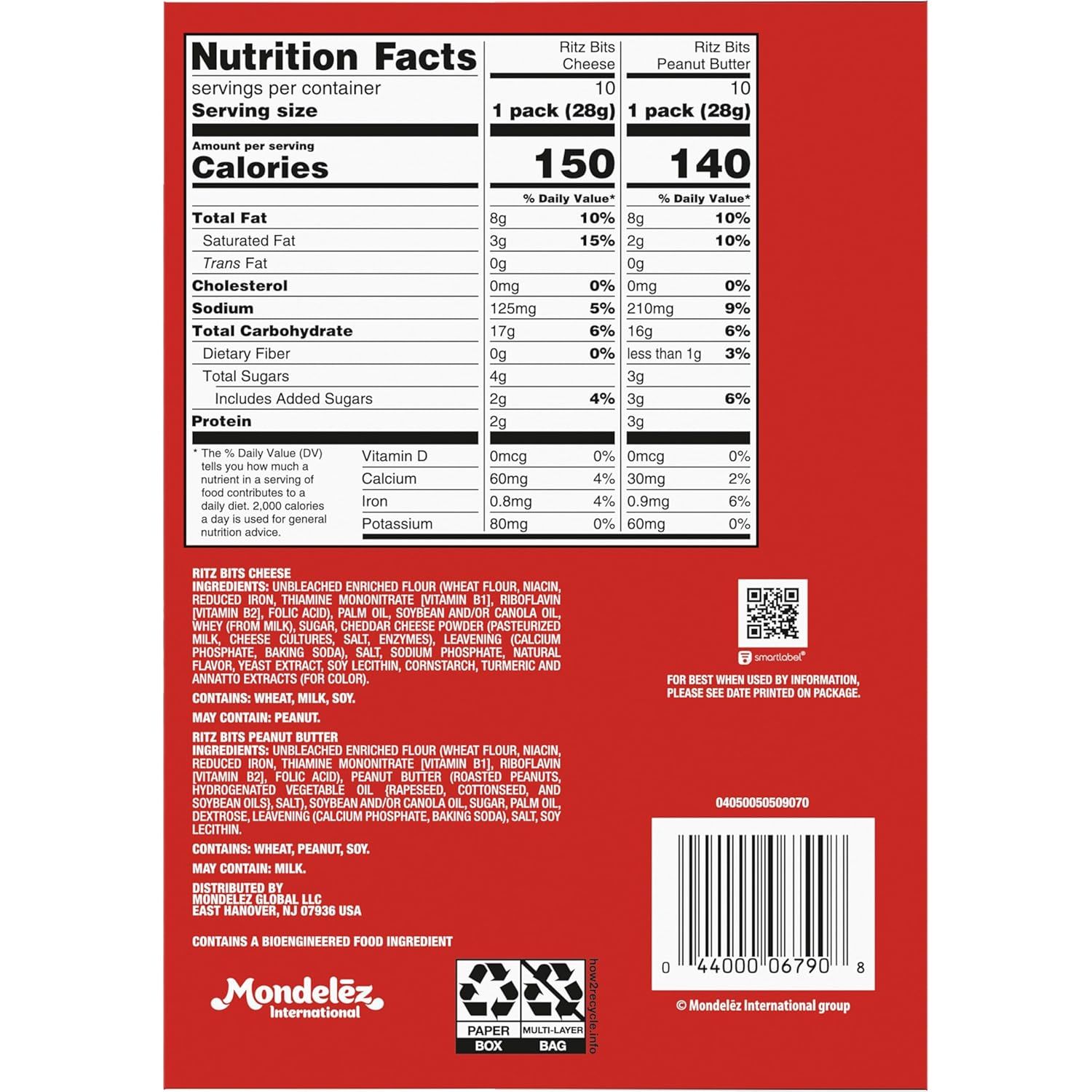 Shows the brand's product portfolio by comparing two Ritz Bits variants (Cheese and Peanut Butter) side-by-side with their nutritional information, helping shoppers choose between options.